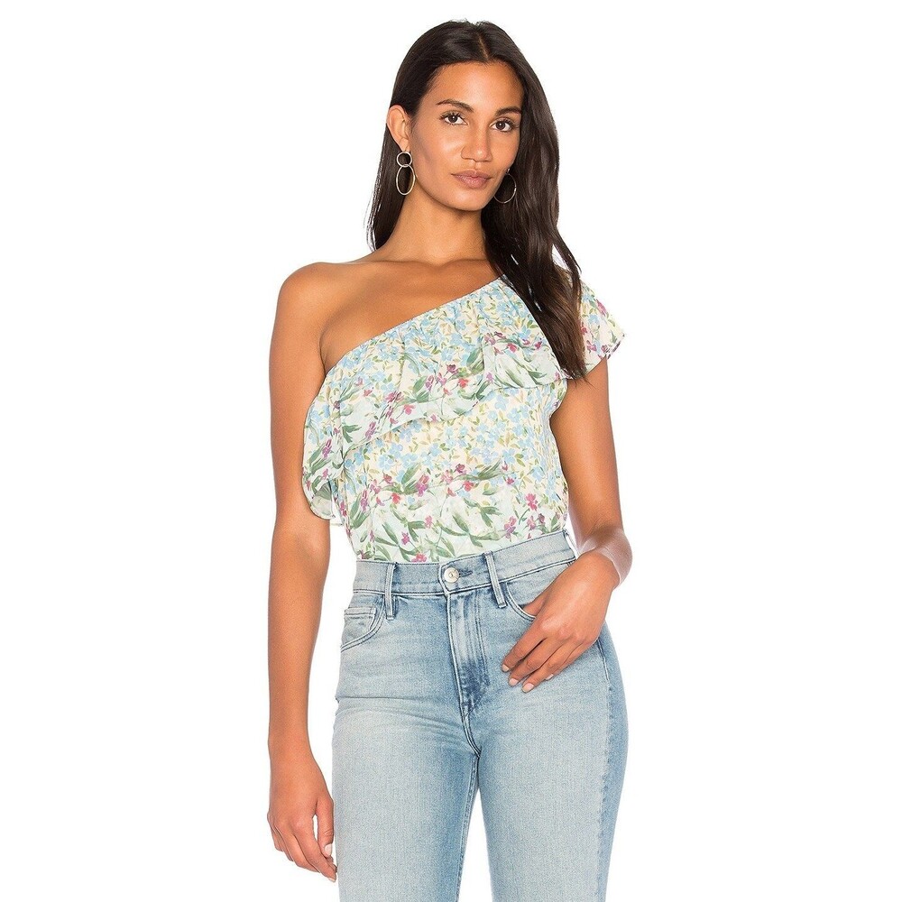 Yumi Kim Top Womens XS One Shoulder Ruffle Floral Baja Polyester Top Mint Cute